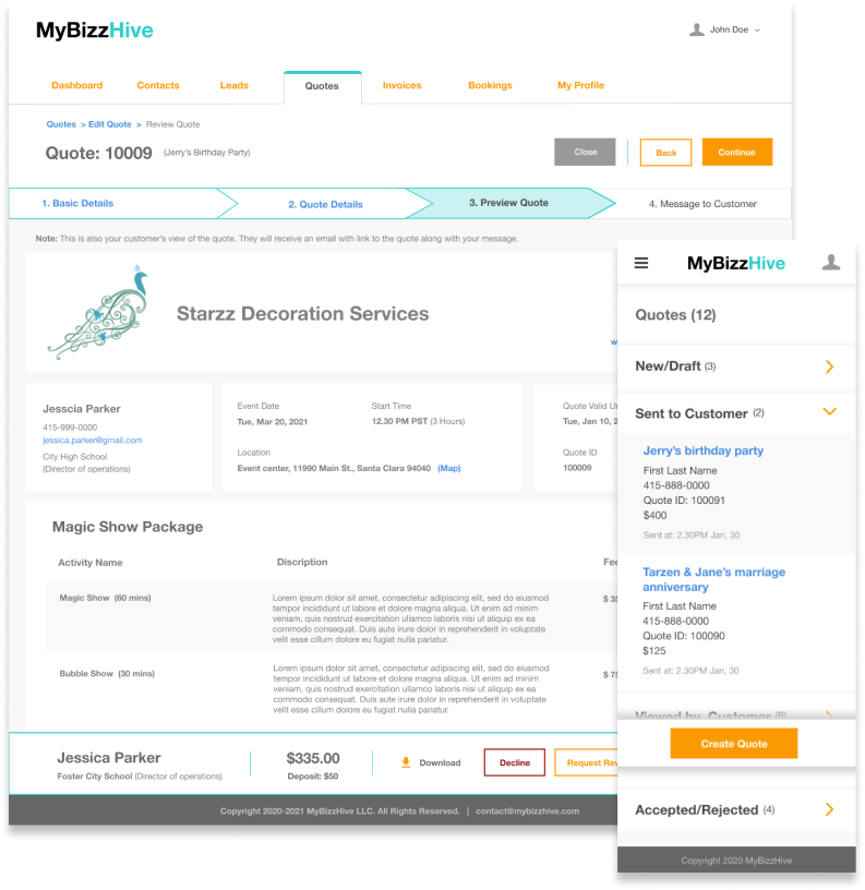 MyBizzHive’s quote management CRM tool sends digital quotes and customize a quote