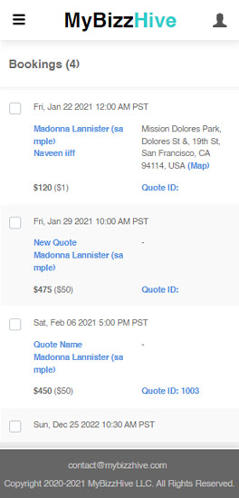 MyBizzHive's CRM booking management dashboard