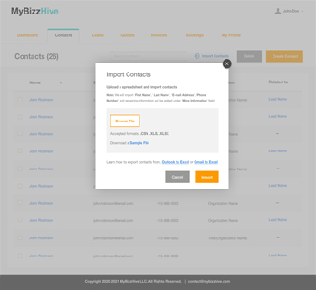 The MyBizzHive contacts management system allows for simple bulk contacts uploading