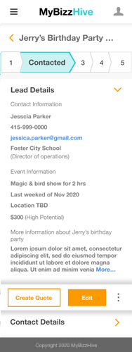Leads details mobile preview with MyBizzHive’s leads management CRM