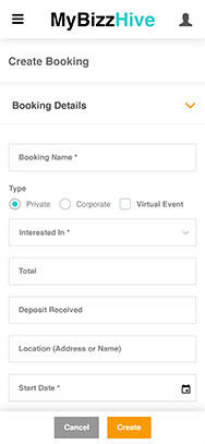 MyBizzHive’s create booking page